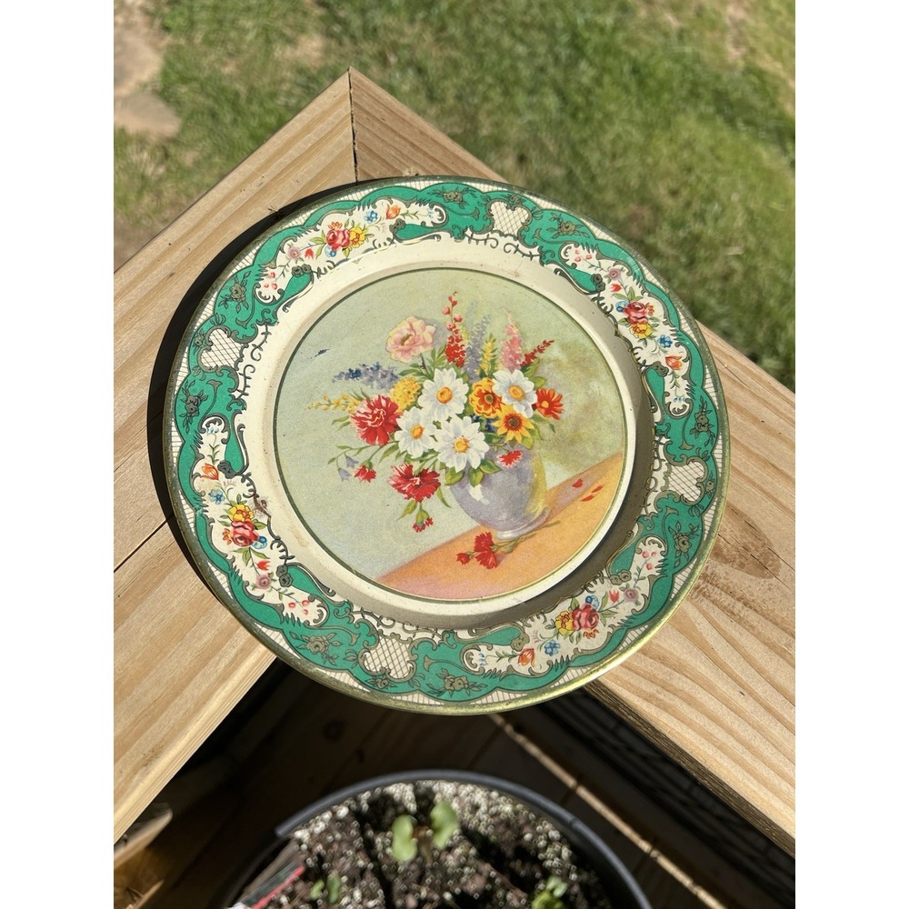 Vintage Daher Decorated Ware Metal Plate Made in Holland - Blue Vase - Flowers